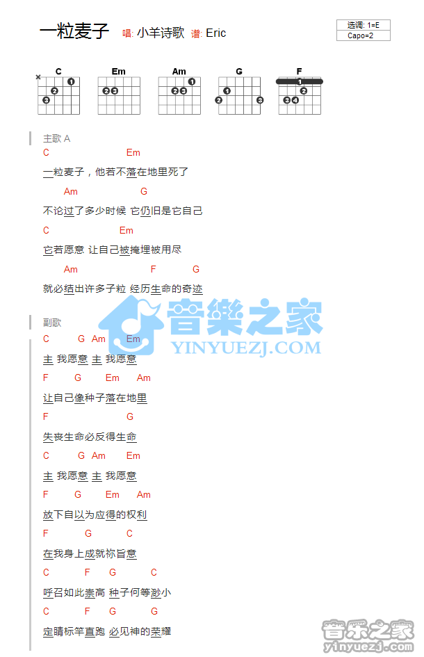 E调版《一粒麦子》弹唱全攻略 从吉他与尤克里里和弦到简谱应用